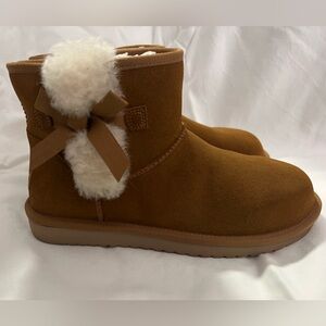 UGG Koolaburra Cozy Brown Suede Ankle Boots with Bow